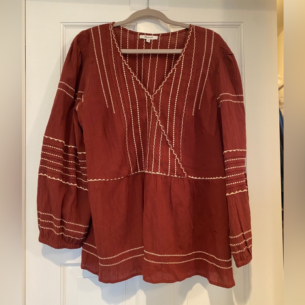 Madewell - burgundy embroidered peasant top